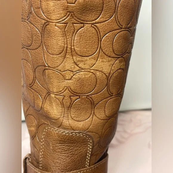 COACH “VIRGINIA” Iconic Logo Brown Embossed Monogram Riding Moto Boots 8B