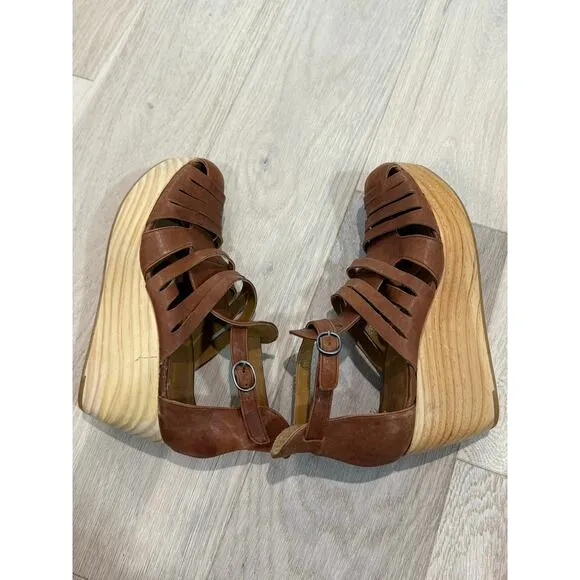 Coclico Wedge Sandals Women’s Size 8.5 (39) Wooden Platform Leather Summer Boho