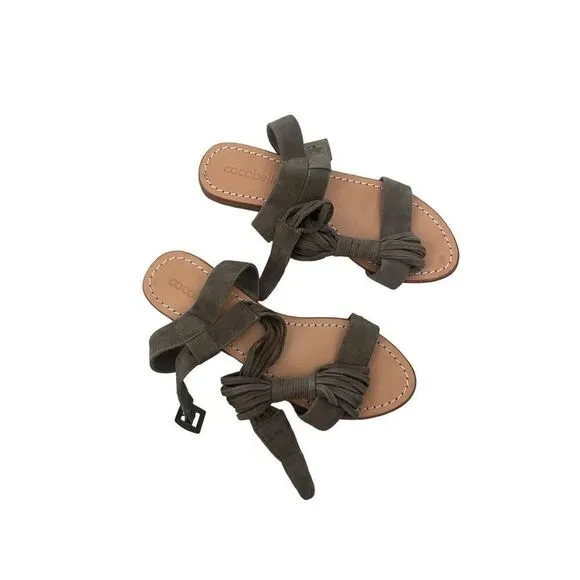 Cocobelle Womens Gray Suede Leather Buckle T-Strap Strappy Sandals Flats Size 39