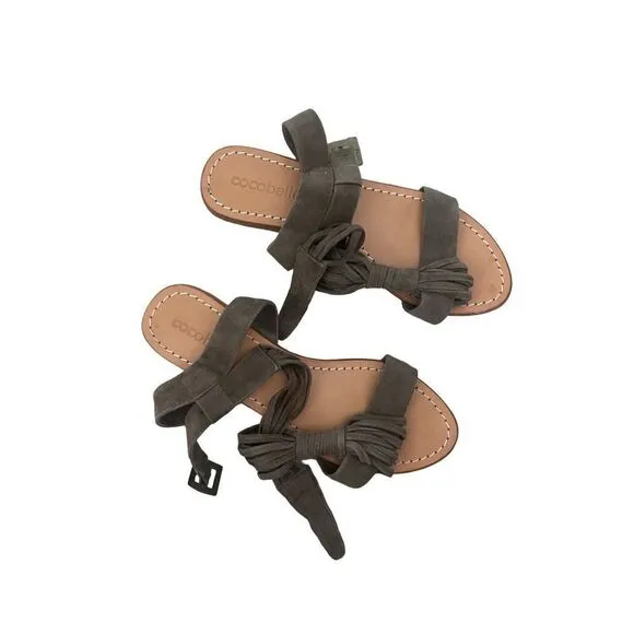 Cocobelle Womens Gray Suede Leather Buckle T-Strap Strappy Sandals Flats Size 39
