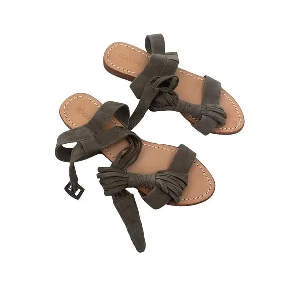 Cocobelle Womens Gray Suede Leather Buckle T-Strap Strappy Sandals Flats Size 39