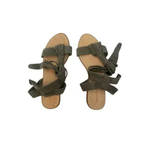 Cocobelle Womens Gray Suede Leather Buckle T-Strap Strappy Sandals Flats Size 39