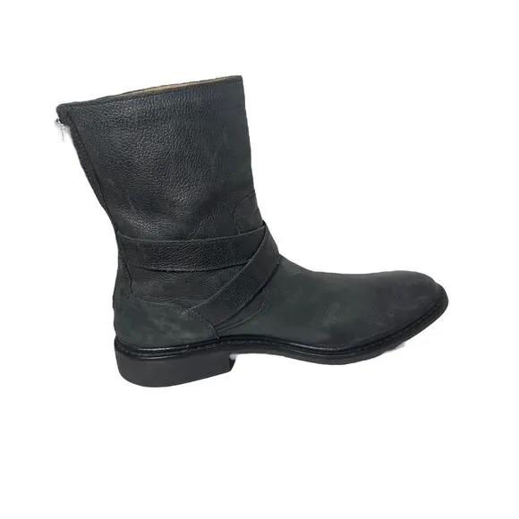 Cole Haan 8.5 Black Leather 'Marshall' Mid Calf Biker Boots Zip Rubber Strap