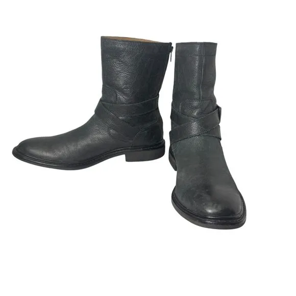 Cole Haan 8.5 Black Leather 'Marshall' Mid Calf Biker Boots Zip Rubber Strap