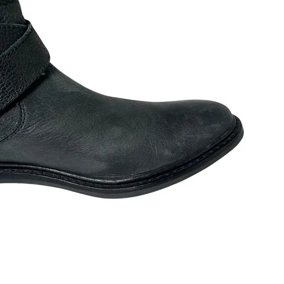 Cole Haan 8.5 Black Leather 'Marshall' Mid Calf Biker Boots Zip Rubber Strap