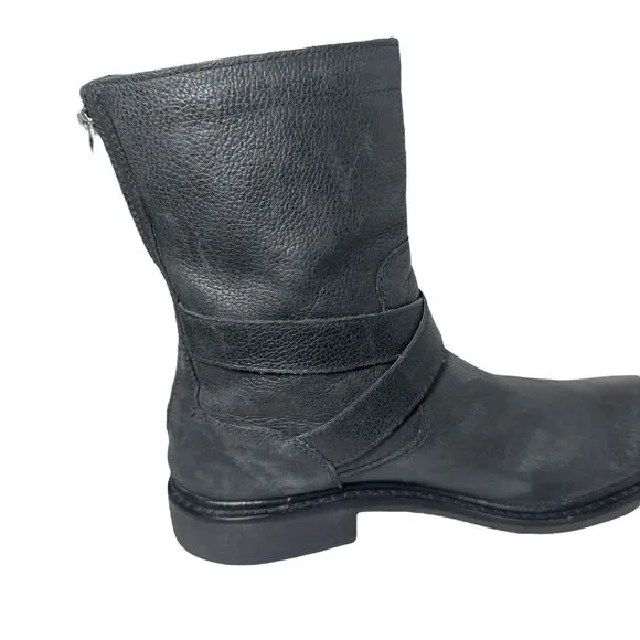 Cole Haan 8.5 Black Leather 'Marshall' Mid Calf Biker Boots Zip Rubber Strap