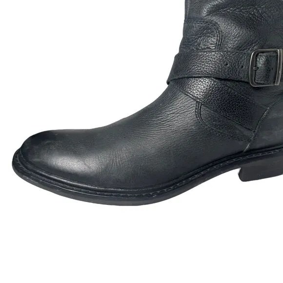 Cole Haan 8.5 Black Leather 'Marshall' Mid Calf Biker Boots Zip Rubber Strap