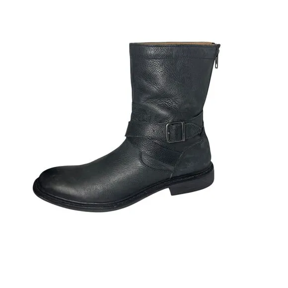 Cole Haan 8.5 Black Leather 'Marshall' Mid Calf Biker Boots Zip Rubber Strap