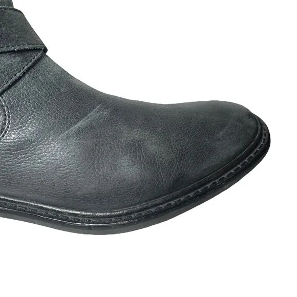 Cole Haan 8.5 Black Leather 'Marshall' Mid Calf Biker Boots Zip Rubber Strap