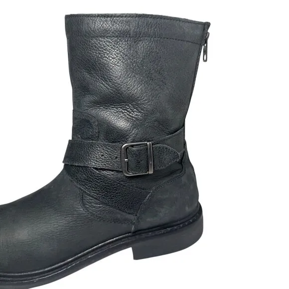 Cole Haan 8.5 Black Leather 'Marshall' Mid Calf Biker Boots Zip Rubber Strap