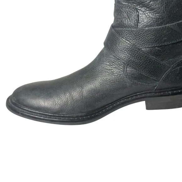 Cole Haan 8.5 Black Leather 'Marshall' Mid Calf Biker Boots Zip Rubber Strap