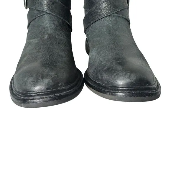 Cole Haan 8.5 Black Leather 'Marshall' Mid Calf Biker Boots Zip Rubber Strap