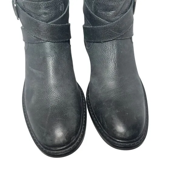 Cole Haan 8.5 Black Leather 'Marshall' Mid Calf Biker Boots Zip Rubber Strap