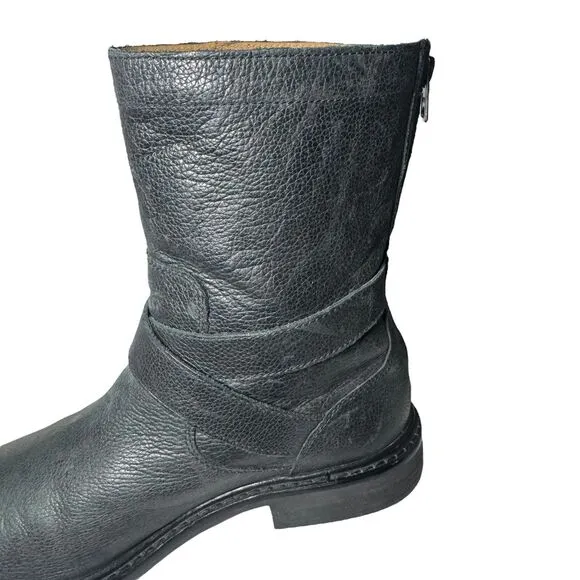 Cole Haan 8.5 Black Leather 'Marshall' Mid Calf Biker Boots Zip Rubber Strap