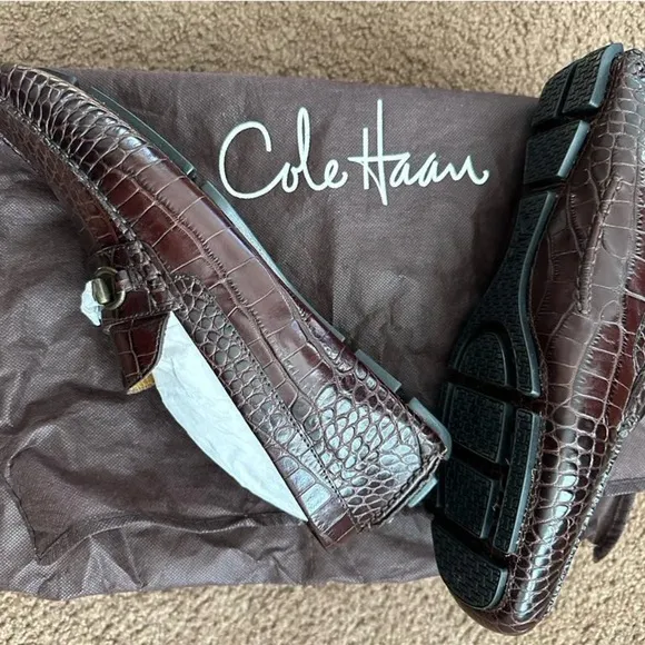 Cole Haan Bit Loafers Alligator Print Brown Leather Driving Shoes 👞 ( NEW )