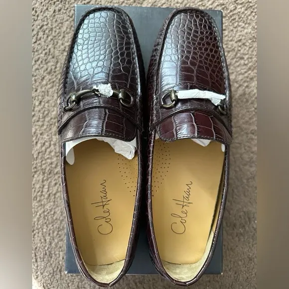 Cole Haan Bit Loafers Alligator Print Brown Leather Driving Shoes 👞 ( NEW )