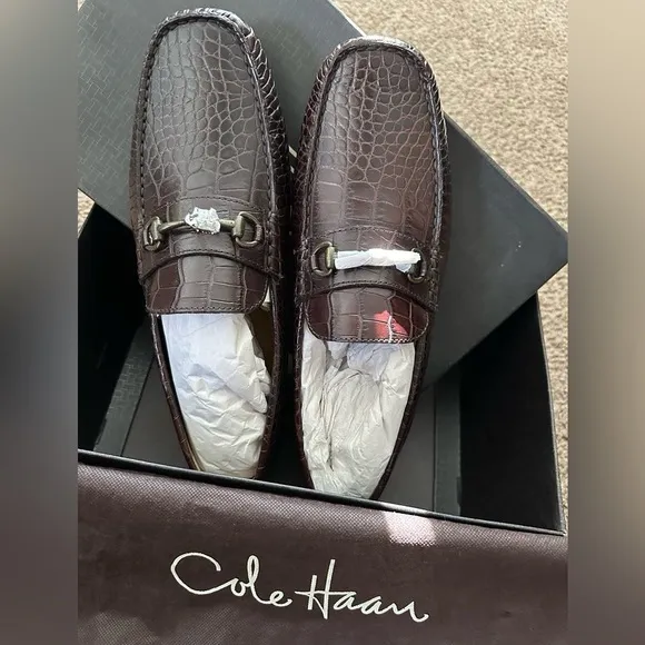 Cole Haan Bit Loafers Alligator Print Brown Leather Driving Shoes 👞 ( NEW )