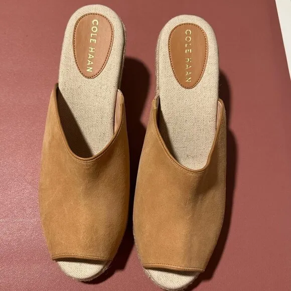 Cole Haan Cloudfeel Womens Espadrille Wedge Sandals 11B Tan Suede Open-Toe Jute