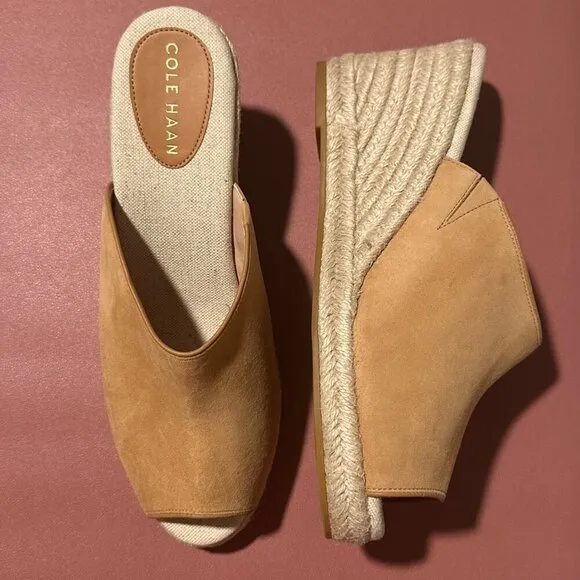 Cole Haan Cloudfeel Womens Espadrille Wedge Sandals 11B Tan Suede Open-Toe Jute