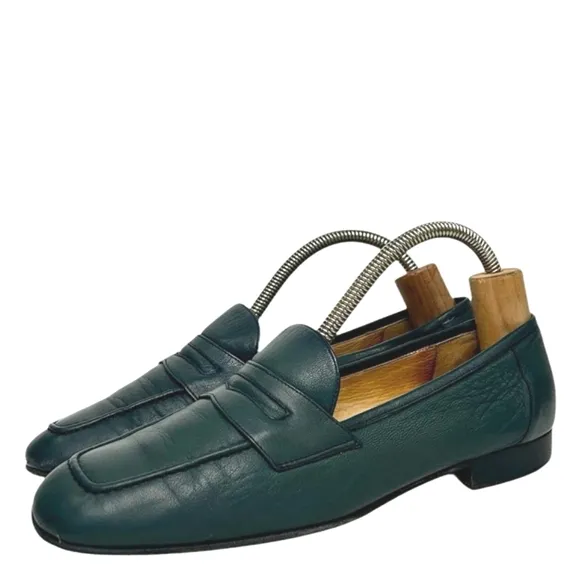 COLE HAAN Dark Green Leather Flatd Penny Loafers Womens Size 8B Made In Italy
