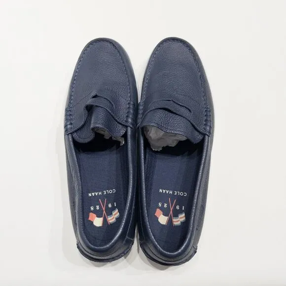 Cole Haan Grand OS Navy Blue Pebbled Leather Penny Loafers Shoes Men Size 11.5M