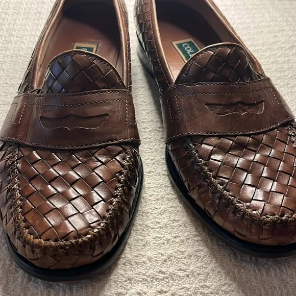 Cole Haan MEN'S penny loafers, sz 10.5 honey brown, basket weave styling, luxury