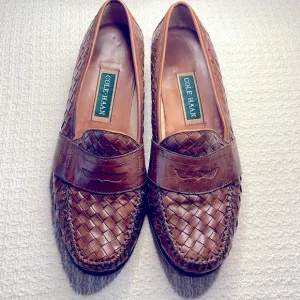 Cole Haan MEN'S penny loafers, sz 10.5 honey brown, basket weave styling, luxury