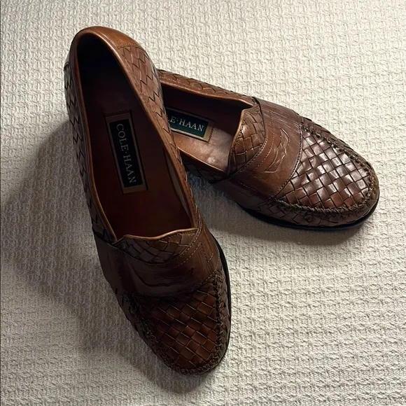 Cole Haan MEN'S penny loafers, sz 10.5 honey brown, basket weave styling, luxury