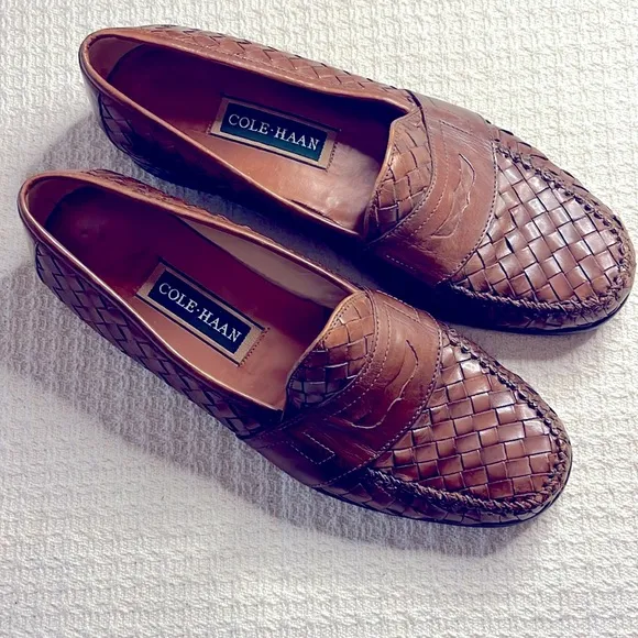 Cole Haan MEN'S penny loafers, sz 10.5 honey brown, basket weave styling, luxury