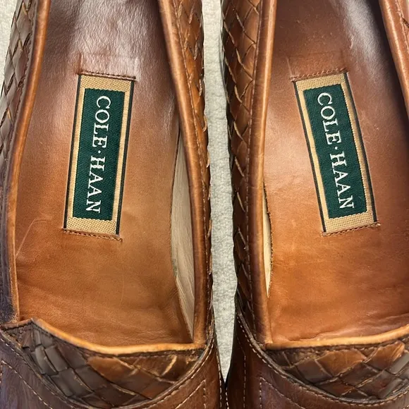 Cole Haan MEN'S penny loafers, sz 10.5 honey brown, basket weave styling, luxury