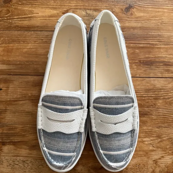 Cole Haan Nantucket Penny Loafer Blue White Leather Cotton Slip-on Women’s 10.5