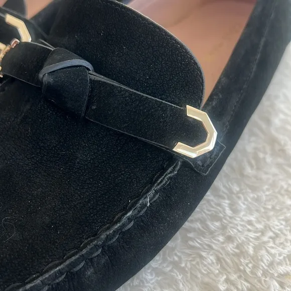 Cole Haan Sz 9 C wide Black Suede Loafers Knot Tie Silver tips Driving Loafers