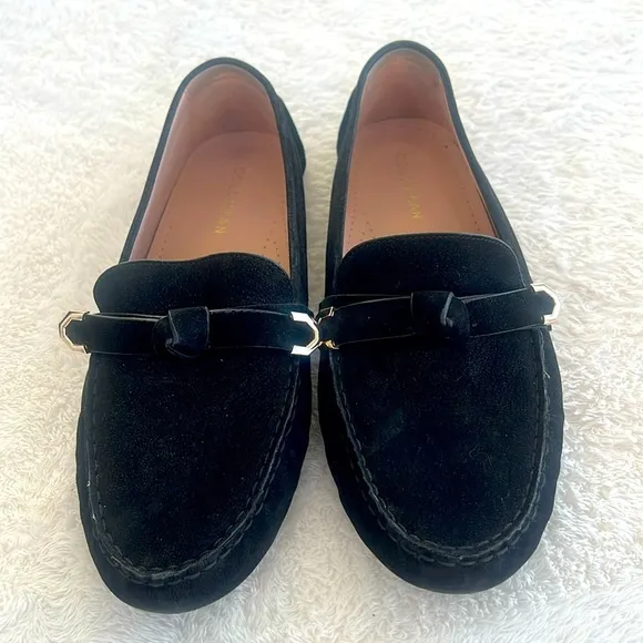 Cole Haan Sz 9 C wide Black Suede Loafers Knot Tie Silver tips Driving Loafers