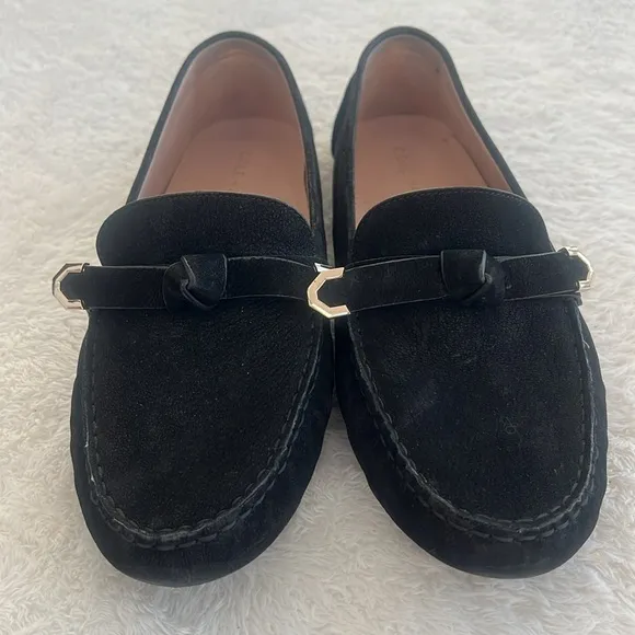 Cole Haan Sz 9 C wide Black Suede Loafers Knot Tie Silver tips Driving Loafers