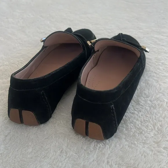 Cole Haan Sz 9 C wide Black Suede Loafers Knot Tie Silver tips Driving Loafers