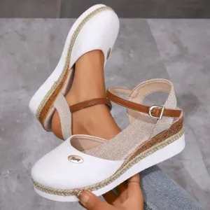 Color Block Wedge Heels Lightweight Braided Hollow Out Closed Toe Sandals