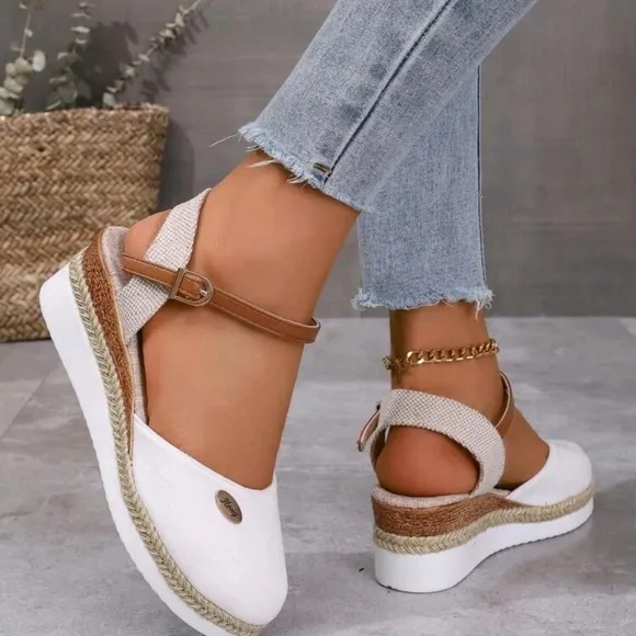 Color Block Wedge Heels Lightweight Braided Hollow Out Closed Toe Sandals