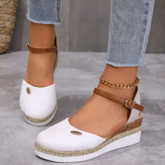 Color Block Wedge Heels Lightweight Braided Hollow Out Closed Toe Sandals