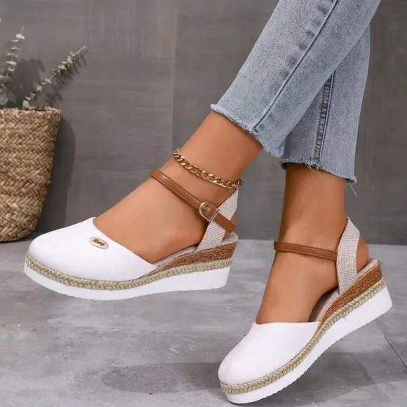 Color Block Wedge Heels Lightweight Braided Hollow Out Closed Toe Sandals