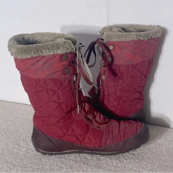 Columbia Red Mid Calf Lace Up Winter Snow Boots With Faux Fur Trim 9