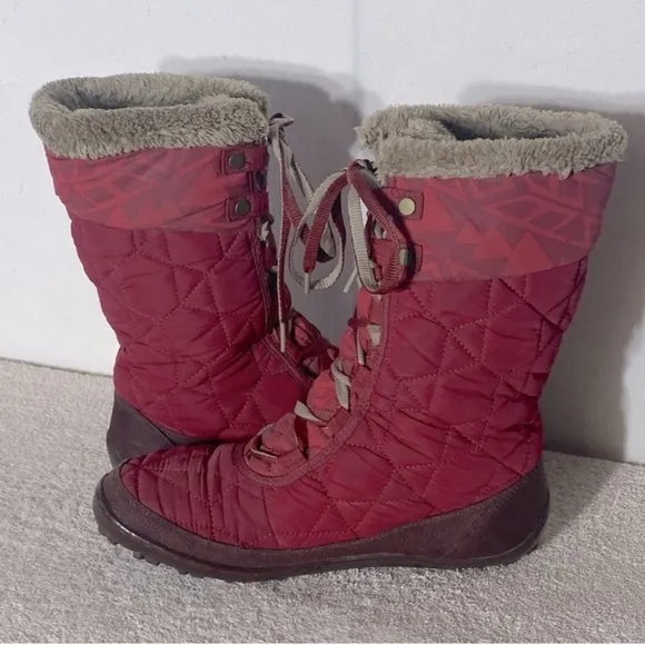 Columbia Red Mid Calf Lace Up Winter Snow Boots With Faux Fur Trim 9