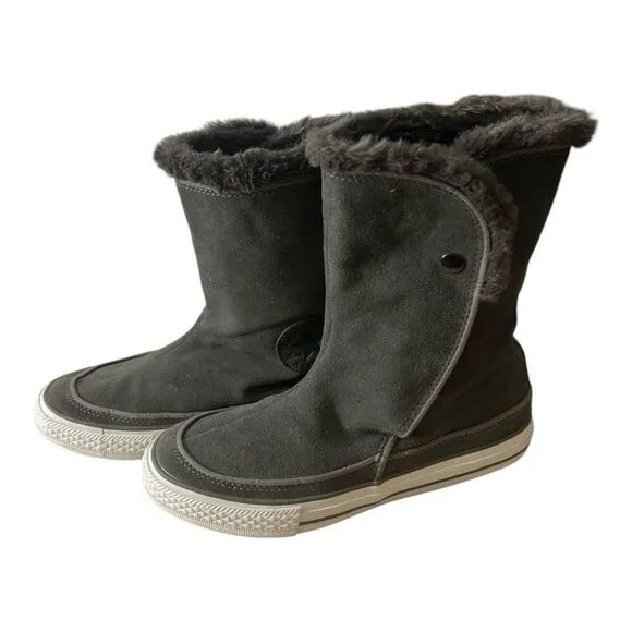 Converse Gray Suede Leather Beverly Mid Calf Boots Women Size 6.5 Faux Fur