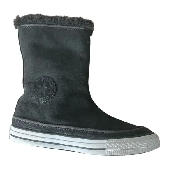 Converse Gray Suede Leather Beverly Mid Calf Boots Women Size 6.5 Faux Fur