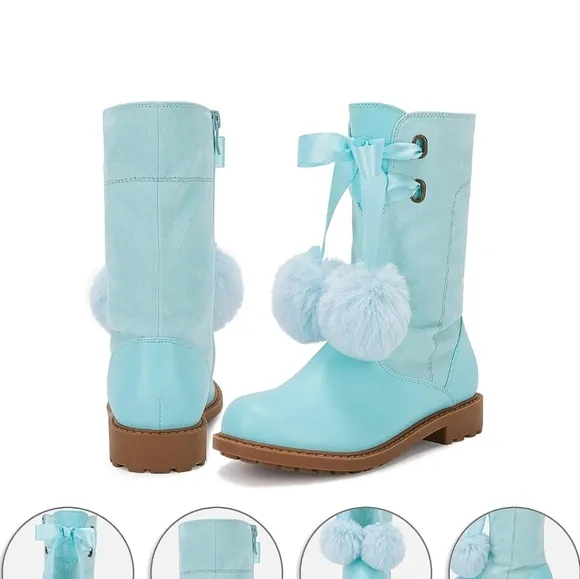 Coutgo Girls' Boots Mid Calf Lug Sole Side Zipper Winter Boot with Bowknot sz 12