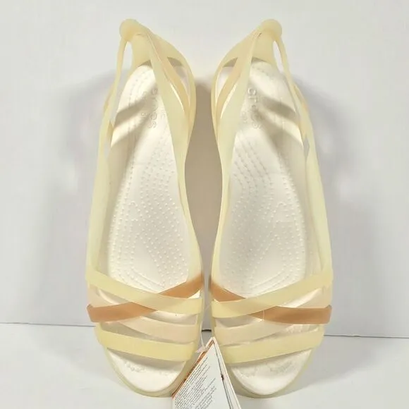 Crocs Isabella Huarache 2 Flat Womens Size 8 Oyster Gold Slip On Strappy Sandal