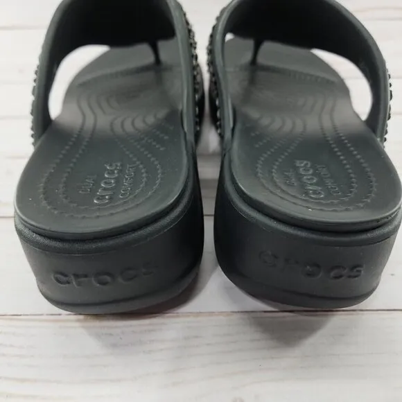 Crocs Monterey Diamante Womens Size 9 Black Thong Flip Flop Wedge Sandals 206343