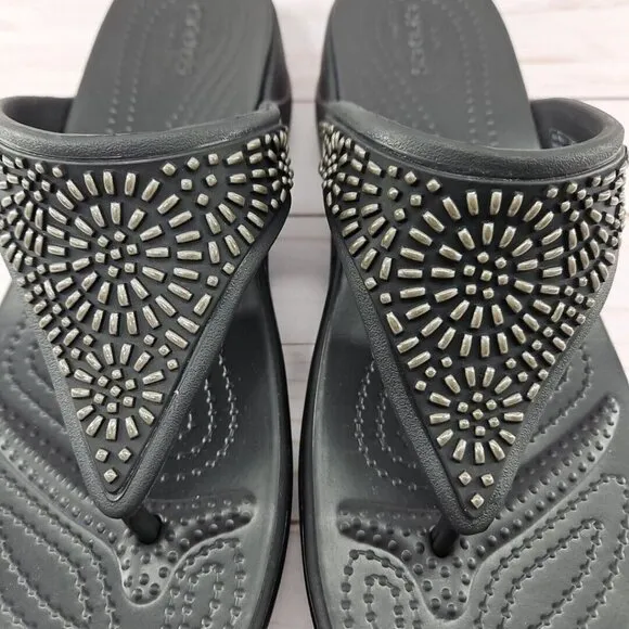 Crocs Monterey Diamante Womens Size 9 Black Thong Flip Flop Wedge Sandals 206343
