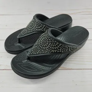 Crocs Monterey Diamante Womens Size 9 Black Thong Flip Flop Wedge Sandals 206343