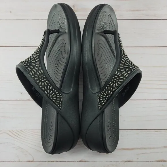 Crocs Monterey Diamante Womens Size 9 Black Thong Flip Flop Wedge Sandals 206343