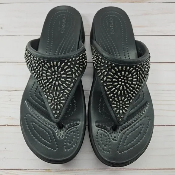 Crocs Monterey Diamante Womens Size 9 Black Thong Flip Flop Wedge Sandals 206343